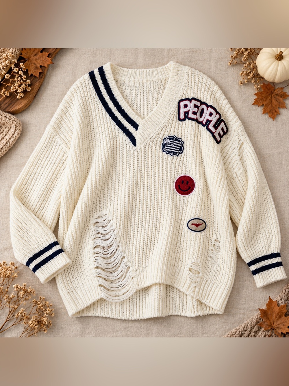 Selfie Couture Peony Patch Varsity Distressed Knit Sweater Ivory Oversized